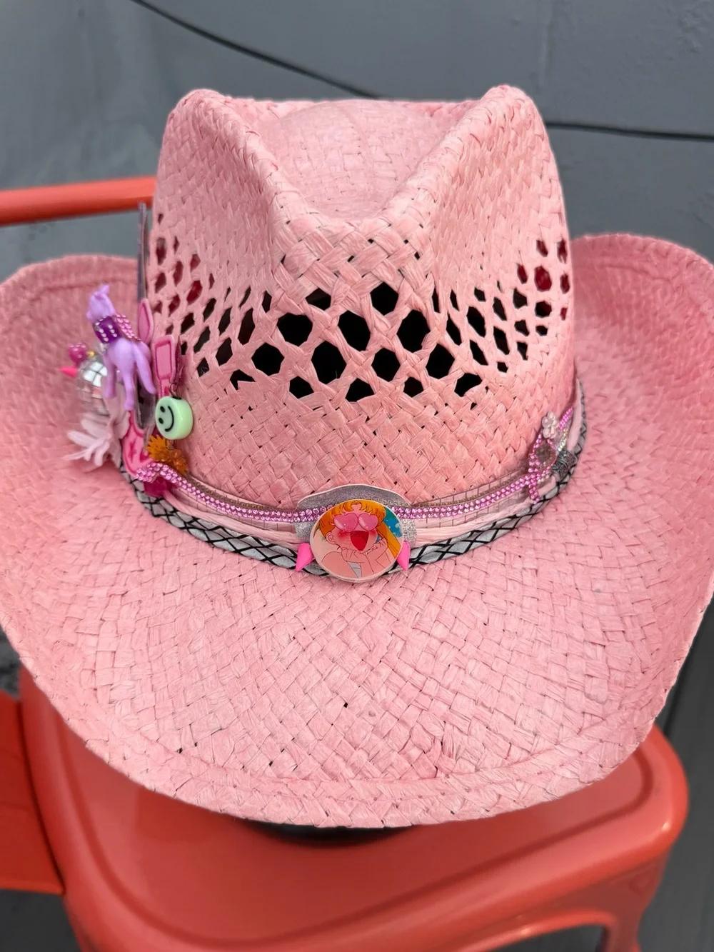 Pink Straw Cowboy Hat with Decorative Band